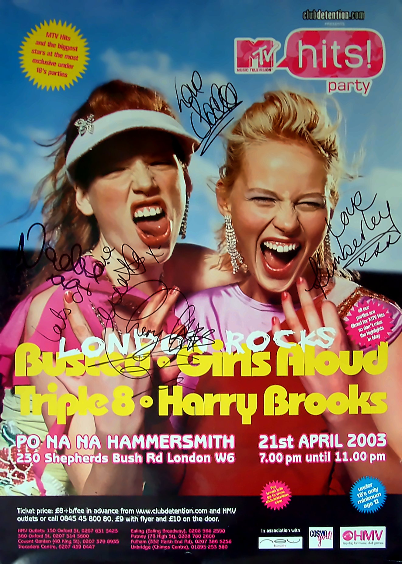 Signed flyer for the MTV Hits party, London Rocks, at Po Na Na Hammersmith on 21 April 2003, featuring Busted, Girls Aloud, Triple 8 and Harry Brooks, marked under-18s only, minimum age 12