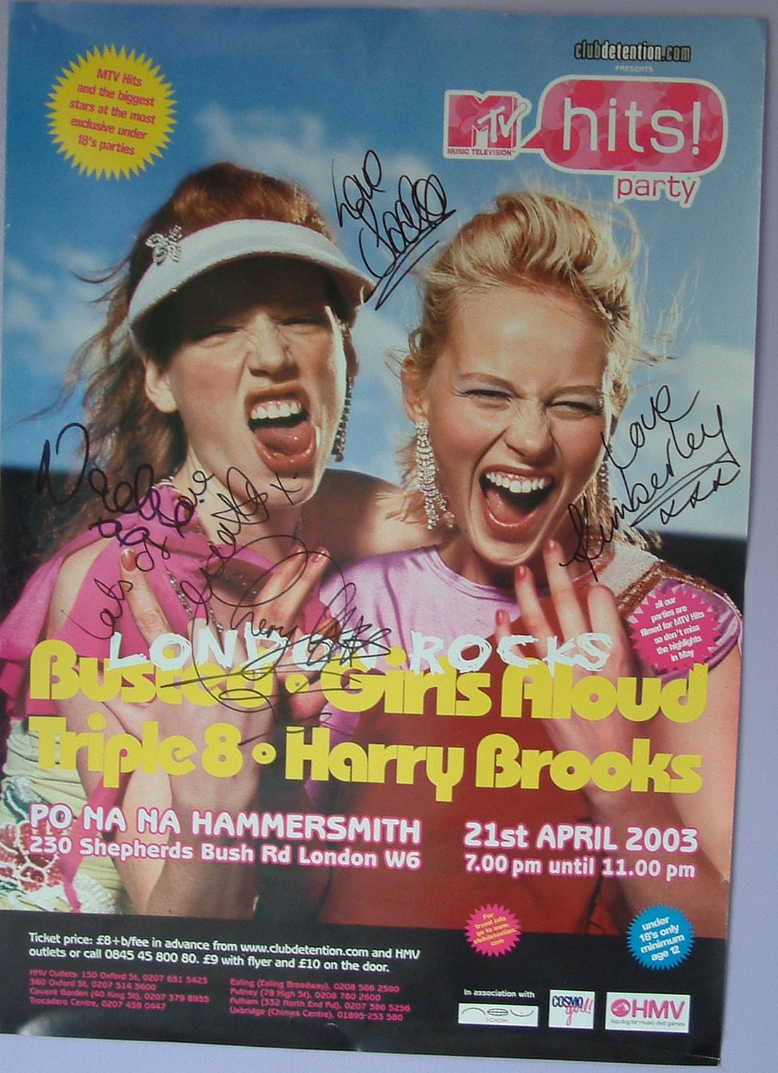 Signed flyer for the MTV Hits party at Po Na Na Hammersmith, 21 April 2003